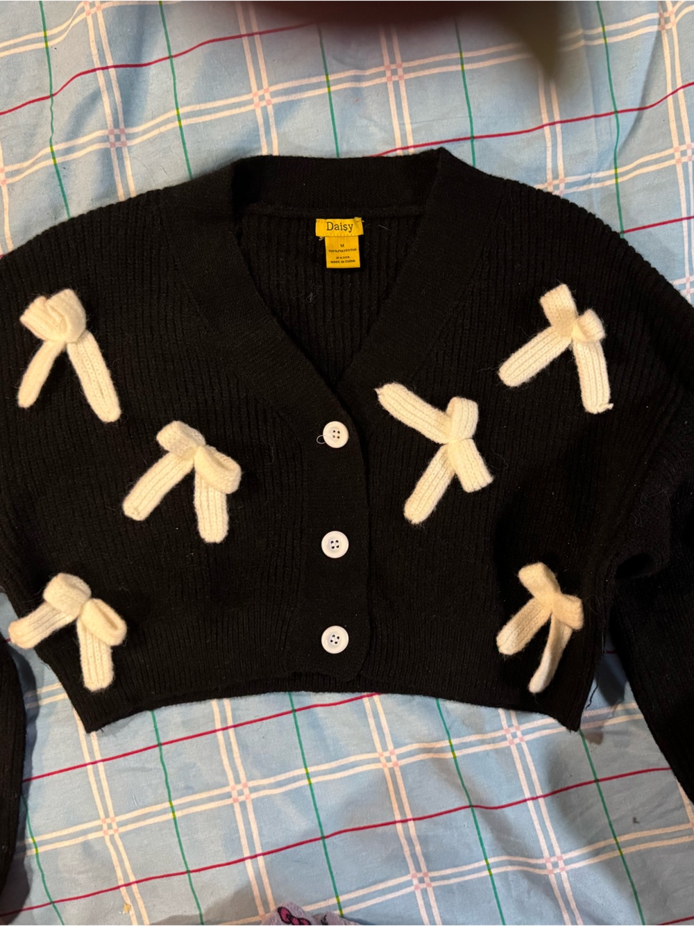 Daisy Black Knit Cardigan with White Bow Accents